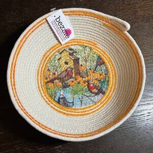 Homemade 7.25"x1.75" Ivory Rope Bowl Basket Bird Nature Scene for Keys Remotes